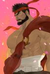 1boy abs absurdres bara beard black_hair chonglangzibuchongle facial_hair from_side headband highres large_pectorals looking_to_the_side male_focus mature_male midriff_sarashi muscular muscular_male nipples pectorals petals ryu_(street_fighter) sarashi short_hair solo street_fighter street_fighter_6 thick_eyebrows topless_male upper_body veins 