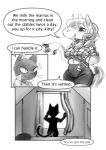  2022 absurd_res anthro bedroom big_breasts braided_hair braided_ponytail breasts clothing collared_shirt comic curtains curtains_open digital_media_(artwork) domestic_cat english_text equid equine felid feline felis female fur grey_body grey_fur greyscale hair hi_res horse larger_female male mammal midriff monochrome navel pester shaded shirt silhouette size_difference skinny_male slightly_chubby smaller_male speech_bubble text thick_thighs tied_shirt topwear wide_hips window 