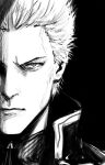  1boy absurdres black_background black_shirt coat colored_skin devil_may_cry_(series) devil_may_cry_5 highres jacket looking_at_viewer male_focus monochrome profile rakku_(rkrmz0n) shaded_face shirt sketch spiked_hair vergil_(devil_may_cry) white_hair white_skin zipper zipper_pull_tab 