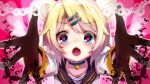  1girl animal_ear_fluff animal_ears bangs bell blonde_hair blue_eyes blurry blurry_background blush border cat_ears collar fang fish_hair_ornament gloves hair_ornament heart heart_background heart_in_eye kagamine_rin lace_border looking_at_viewer medium_hair neck_bell nekoame open_mouth outstretched_hand solo symbol_in_eye upper_body vocaloid 