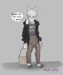  2022 absurd_res ambiguous_gender anthro bovid caprine clothed clothing colored digital_media_(artwork) english_text fur goat goat_(halcyon) halcyon_(series) handbag hi_res high_waisted_bottomwear hoodie jacket lost_andsafe mammal purse simple_background solo speech_bubble text topwear white_body white_fur 
