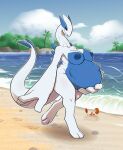  3_toes 4_fingers anthro anthrofied beach belly big_belly big_breasts blue_body breasts day feet female fingers full-length_portrait hand_on_stomach hi_res krabby legendary_pok&eacute;mon lugia motion_lines multicolored_body nintendo nipples nude outside papa_soul pok&eacute;mon pok&eacute;mon_(species) pok&eacute;morph portrait pregnant seaside solo standing toes two_tone_body unborn_kicking video_games water white_body 