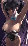  1girl aqua_bow aqua_bowtie armpits arms_behind_head arms_up backlighting black_hair black_leotard blue_archive blush bow bowtie breasts cleavage closed_mouth commentary_request covered_navel cowboy_shot dark-skinned_female dark_skin detached_collar earrings eel_mizue fishnet_legwear fishnets highleg highleg_leotard highres jewelry karin_(blue_archive) karin_(bunny)_(blue_archive) legs_apart leotard long_hair looking_at_viewer looking_to_the_side multicolored_hair no_bra official_alternate_costume playboy_bunny pointy_nose purple_hair shadow side-tie_leotard slit_pupils solo strapless strapless_leotard streaked_hair sweat two-tone_hair very_long_hair yellow_eyes 