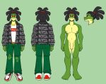  anthro biceps big_penis biped black_clothing black_hair black_jacket black_topwear bottomwear chain claws clothed clothing digital_media_(artwork) dragon dreadlocks fingers footwear front_view genitals gold_(metal) gold_chain green_body green_bottomwear green_clothing green_pants green_scales green_skin gucci hair hi_res humanoid_genitalia humanoid_penis jacket jammedvhs jewelry jewlery lizard looking_at_viewer male model_sheet muscular muscular_anthro muscular_male navel necklace nipples non-mammal_hair nude pants pecs penis ponytail rear_view red_clothing red_eyes red_footwear red_shoes reptile scales scalie shirt shoes simple_background skirt smile solo standing supreme text text_on_clothing text_on_topwear topwear torn_bottomwear torn_clothing torn_pants tyson_(nyta) yellow_body yellow_scales yellow_skin 