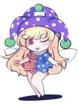  1girl american_flag_dress bare_legs barefoot blonde_hair closed_mouth clownpiece dress fairy fairy_wings fried_rice0614 full_body hat highres jester_cap long_hair one-hour_drawing_challenge one_eye_closed polka_dot polka_dot_headwear purple_headwear red_eyes short_sleeves simple_background smile solo star_(symbol) star_print striped striped_dress tongue tongue_out touhou white_background wings 