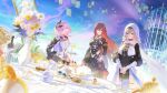  3girls :d absurdres aponia_(honkai_impact) bangs black_dress blue_eyes blue_sky bottle breasts brown_hair cake cake_slice cleavage closed_mouth cup dress dutch_angle eden_(honkai_impact) elf elysia_(honkai_impact) flower food full_body hair_between_eyes hair_ornament highres honkai_(series) honkai_impact_3rd long_hair long_sleeves macaron multiple_girls nun open_mouth picture_frame pink_flower pink_hair pink_rose pointy_ears purple_dress purple_hair rafaelaaa rose seiza sitting sky smile teacup teapot tiered_tray vase veil white_flower wine_bottle yellow_eyes yellow_flower 