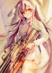  1girl absurdres animal_ears bangs collared_shirt commentary cowboy_shot gun highres holding holding_gun holding_weapon kamu_kotan long_hair long_sleeves looking_at_viewer miniskirt necktie painting_(medium) pink_necktie pleated_skirt purple_eyes purple_hair rabbit_ears rabbit_girl reisen_udongein_inaba rifle shirt skirt sniper_rifle solo touhou traditional_media very_long_hair watercolor_(medium) weapon white_shirt wing_collar 