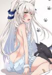  1girl alternate_costume amatsukaze_(kancolle) backless_outfit bandaid bandaid_on_leg bare_back bare_shoulders black_cat brown_eyes butt_crack cat chigasaki_yukari commentary_request drawstring from_behind grey_hair hair_tubes kantai_collection long_hair meme_attire naked_sweater paw_print sitting sweater turtleneck turtleneck_sweater two_side_up virgin_killer_sweater wariza white_hair 