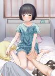  1boy 1girl black_hair blue_pajamas blue_shirt blue_shorts blush brown_eyes fingernails looking_away original pajamas parted_lips pillow pov pov_hands sekiya_asami shirt shorts sitting stuffed_animal stuffed_toy teddy_bear wariza 