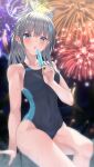  1girl absurdres animal_ears bangs black_swimsuit blue_archive blue_eyes commentary_request extra_ears fireworks food grey_hair hair_between_eyes hair_ornament hairclip halo highres holding looking_at_viewer mismatched_pupils official_alternate_costume one-piece_swimsuit parted_lips popsicle ringo_cha_(apple_t) school_swimsuit shiroko_(blue_archive) shiroko_(swimsuit)_(blue_archive) short_hair sidelocks sitting sleeveless solo swimsuit two-tone_swimsuit wet wet_clothes wet_swimsuit wolf_ears wolf_girl 