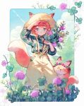  1girl animal_ears baggy_pants blush clover conago flannel flower fox fox_ears fox_girl fox_tail green_eyes hat highres long_sleeves looking_ahead looking_at_viewer orange_eyes original pants personification plant shirt short_hair solo tail 