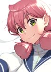  1girl akashi_(kancolle) akashi_kai_(kancolle) blunt_tresses close-up green_eyes hair_ribbon headband highres kantai_collection long_hair pink_hair porupurucha ribbon school_uniform serafuku smile solo tress_ribbon white_headband 