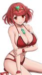  1girl absurdres bangs bikini blush breasts chest_jewel cleavage closed_mouth collarbone drop_earrings earrings gonzarez highres holding_own_arm jewelry large_breasts looking_at_viewer navel pyra_(xenoblade) red_bikini red_eyes red_footwear red_hair short_hair sitting smile solo swept_bangs swimsuit tiara wariza white_background xenoblade_chronicles_(series) xenoblade_chronicles_2 