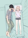  1boy 1girl bare_legs barefoot cellphone closed_eyes from_above green_pants grey_shirt holding holding_phone lying mask mask_removed on_back on_bed original pants phone pillow purple_shirt sekiya_asami shirt short_shorts short_sleeves shorts sleeping smartphone 