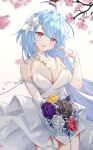  1girl ahoge alternate_costume azur_lane bangs bare_shoulders black_flower blue_hair blush bouquet breasts cherry_blossoms cleavage cowboy_shot dress eyelashes_visible_through_hair flower hair_between_eyes hair_intakes hair_ornament hand_in_own_hair helena_(azur_lane) highres holding layered_dress long_hair looking_at_viewer medium_breasts multicolored_hair open_mouth pink_eyes purple_eyes purple_flower red_flower rose sidelocks simple_background smile solo strapless strapless_dress thigh_strap thighhighs thighs two-tone_hair vayneeeee very_long_hair wedding_dress white_background white_dress white_flower yellow_flower 