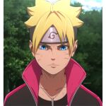  1boy artist_name black_jacket blonde_hair blue_eyes blurry blurry_background border boruto:_naruto_next_generations closed_mouth collarbone day derivative_work headband highres jacket jewelry leslychoco15 looking_down male_focus naruto_(series) open_clothes open_jacket outdoors pendant pillarboxed screencap_redraw solo spiked_hair uzumaki_boruto white_border 