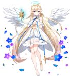  1girl ahoge angel angel_wings angelica_(epic_seven) bare_legs bare_shoulders barefoot blonde_hair blue_bow blue_eyes bow braid dress epic_seven gloves halo long_hair looking_at_viewer neck_ribbon official_art open_mouth ribbon very_long_hair white_dress white_gloves wings 