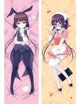  1girl animal_ears apron bangs bed_sheet between_legs black-framed_eyewear black_footwear black_legwear black_leotard black_vest blend_s blunt_bangs brown_eyes brown_hair collared_shirt dakimakura_(medium) dress_shirt fake_animal_ears from_above full_body glasses gloves hair_over_shoulder half-closed_eyes hand_between_legs high_heels leotard long_hair looking_at_viewer low_twintails lying miniskirt moeanime on_back open_mouth pantyhose pink_shirt pink_skirt pleated_skirt pumps rabbit_ears rectangular_eyewear sakuranomiya_maika shiny shiny_hair shirt short_sleeves skirt sleeveless sleeveless_shirt split_screen thighhighs twintails very_long_hair vest waist_apron white_apron white_gloves white_legwear white_shirt wing_collar wrist_cuffs 