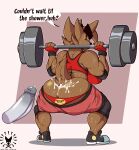  absurd_res anthro athletic athletic_anthro athletic_female athletic_wear back_boob barbell barbell_squats big_breasts big_butt black_eyebrows black_nose bodily_fluids bottomwear breasts brown_body brown_fur butt canid canine canis clothing coyote crop_top crouching cum dialogue disembodied_penis elbow_pads english_text exercise eyebrows eyelashes female fingerless_gloves footwear frowney_face fur genital_fluids genitals gloves gym_bottomwear gym_clothing gym_shorts handwear hi_res huge_breasts huge_butt logo looking_back male male/female mammal muscular muscular_female penis raised_tail shirt shoes shorts sneakers solo speech_bubble squatting_position sweat sweatdrop tail_tuft text thick_eyebrows topwear tuft underwear yellow_eyes 