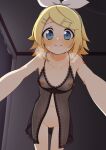  1girl bare_arms bare_shoulders bedroom black_camisole blonde_hair blue_eyes blush bottomless bow breasts breathing camisole collarbone curtains eager flat_chest foreshortening frilled_camisole frills hair_bow hair_ornament hairclip highres indoors kagamine_rin lingerie looking_at_viewer lukeskytera navel nipples number_tattoo perspective pov pussy_juice see-through short_hair shoulder_tattoo small_breasts smile sweat sweatdrop tareme tattoo underwear vocaloid white_bow 
