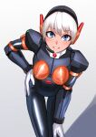  1girl absurdres blue_eyes blush bodysuit character_request gloves headset highres kilye_kairi leaning_forward looking_at_viewer mega_man_(series) mega_man_x:_command_mission mega_man_x_(series) microphone robot_ears smile solo thigh_gap white_background white_gloves white_hair 