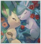  border brown_eyes closed_eyes closed_mouth commentary_request flower glaceon highres kikuyoshi_(tracco) leafeon no_humans one_eye_closed pokemon pokemon_(creature) red_flower signature smile water white_border 