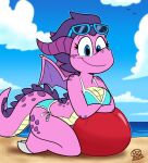  absurd_res anthro ball beach bikini blue_bikini blue_clothing blue_eyes blue_swimwear breasts clothing crystal_(jurassiczalar) dragon eyewear eyewear_on_head female hi_res horn jurassiczalar membrane_(anatomy) membranous_wings non-mammal_breasts outside pink_body pink_scales scales scalie seaside side-tie_bikini smile solo sunglasses sunglasses_on_head swimwear western_dragon wings 