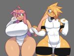  0r0ch1 anthro big_breasts blue_eyes breasts camel_toe clothing female fur green_eyes hair hand_holding hi_res human lagomorph leotard leporid male male/female mammal open_mouth open_smile pink_hair rabbit smile standing thick_thighs white_body white_clothing white_leotard white_skin yellow_body yellow_fur 