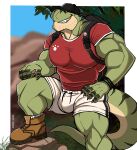  2022 absurd_res anthro artist_name backpack barazoku baseball_cap bent_leg biceps big_muscles blurred_background border bottomwear bracelet bulge claws clothed clothing darknaigart day dinosaur facial_hair footwear grass hat headgear headwear hi_res hiking huge_muscles jace_(darknaig) jewelry male mountain muscular muscular_anthro muscular_male nipple_outline outside pecs plant quads reptile rock scalie shirt shoes shorts sky smile socks solo standing teeth theropod topwear tree tyrannosaurid tyrannosaurus tyrannosaurus_rex white_border 