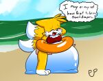  absurd_res anthro beach blush breasts canid canine crossgender diaper digital_media_(artwork) embarrassed eyes_closed female floatie fox fur hi_res mammal miles_prower sand seaside sega signature sonic_the_hedgehog_(series) speech_bubble text water waterlogged_diaper white_body white_fur yellow_body yellow_fur youknowthatpup 