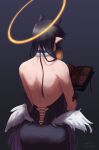  1girl ass back backless_dress backless_outfit bare_shoulders black_dress black_hair book choker dhominic25 dress facing_away from_behind fur_choker gloves gradient gradient_background halo hand_on_own_arm highres holding holding_book hololive hololive_english long_hair multicolored_hair ninomae_ina&#039;nis open_book orange_hair pointy_ears reading sidelocks solo strapless strapless_dress taut_clothes taut_dress upper_body virtual_youtuber white_wings wings 