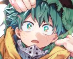  1boy boku_no_hero_academia clenched_hand commentary_request freckles green_eyes green_hair hood hood_up looking_at_viewer male_focus midoriya_izuku morino_(ktdk_0141) open_mouth scarf short_hair solo sweat torn_clothes white_background yellow_scarf 