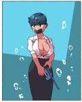  +_+ 1girl air_bubble black_skirt blue_hair breasts bubble cleavage collared_shirt commentary_request cowboy_shot dark-skinned_female dark_skin gag gun handgun highres holding holding_gun holding_weapon improvised_gag large_breasts long_skirt noyemik open_clothes open_shirt original pistol shirt short_hair short_sleeves skirt solo tape tape_gag weapon weapon_request 