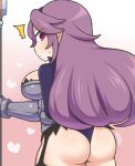  1girl ^^^ ass boobplate closed_mouth disgaea from_behind gauntlets hairband heart heavy_knight_(disgaea) highres holding holding_polearm holding_weapon leotard long_hair looking_at_viewer looking_back pink_background pink_eyes pointy_ears polearm purple_hair rantana_(lalalalackluster) solo standing weapon 