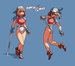  1girl armor bandana bare_legs blue_background blue_bandana blue_eyes blue_gloves brown_footwear brown_hair commentary english_commentary fingerless_gloves full_body gloves highres holding holding_sword holding_weapon leotard looking_at_viewer may_(pokemon) medium_hair midair multiple_views noyemik open_mouth pokemon popful_mail red_shirt shadow shirt shoulder_armor simple_background smile sword weapon white_leotard 