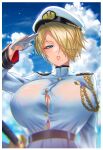  1girl absurdres aiguillette aircraft airplane anima_(togashi) asymmetrical_hair bangs belt black_belt blonde_hair blue_eyes blue_sky blurry bra_visible_through_clothes breasts bursting_breasts button_gap buttons cleavage cloud cloudy_sky coat commentary contrail depth_of_field epaulettes expressionless gloves hair_over_one_eye half_gloves hat highres huge_breasts katana lips long_sleeves looking_at_viewer military military_hat military_uniform mole mole_under_mouth original parted_bangs parted_lips peaked_cap salute see-through sheath sheathed short_hair sky solo sword symbol-only_commentary uniform upper_body weapon wet wet_clothes white_coat white_gloves white_headwear 