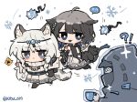  1other 2girls :&lt; @_@ ahoge ambiguous_gender animal_ears arknights bell black_jacket black_legwear blue_eyes blue_tongue blush braid chibi colored_tongue cup doctor_(arknights) dress highres holding holding_bell holding_cup hood hood_up hooded_jacket ice jacket kjera_(arknights) kyou_039 leopard_ears leopard_girl leopard_tail mask multiple_girls open_mouth pramanix_(arknights) side_braids simple_background snowflakes speech_bubble spoken_emoticon sweatdrop tail tiara trembling turtleneck twitter_username white_background white_dress 