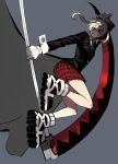  1girl absurdres black_jacket blonde_hair boots gloves green_eyes grey_background highres holding holding_weapon jacket looking_at_viewer maka_albarn miniskirt pleated_skirt ratatatat74 red_skirt scythe simple_background skirt solo soul_eater twintails weapon white_gloves 