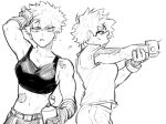  2girls bakugou_katsuki bare_shoulders boku_no_hero_academia breasts commentary english_commentary french_kiss from_side gloves hand_on_own_arm highres holding_own_arm kiss looking_at_viewer midoriya_izuku multiple_girls navel open_mouth outstretched_arm pants qhsrp_moy scar scar_on_arm shirt short_hair short_sleeves simple_background spiked_hair sports_bra standing white_background 