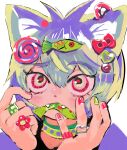  1other androgynous animal_ears antenna_hair blue_hair blush bow cat_ears choker ear_piercing fangs fish green_nails hair_bow hair_ornament hairclip hands_up heart heart_hair_ornament jewelry looking_up mouth_hold multicolored_hair nail_polish original piercing pink_eyes pink_nails portrait ring sahau228 short_hair tsurime 