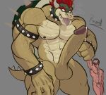  abs big_penis bodily_fluids bowser cum cum_drip dripping duo genital_fluids genitals hair human humanoid koopa male male/male mammal mario_bros muscular muscular_male nintendo nipples pecs penis pinumontbalou precum precum_drip red_eyes red_hair scalie size_difference tongue tongue_out vein veiny_muscles video_games 