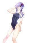  1girl absurdres ajishio bangs bare_shoulders breasts covered_navel hair_ornament highres looking_at_viewer one-piece_swimsuit parted_lips purple_eyes purple_hair short_hair_with_long_locks simple_background solo swimsuit voiceroid white_background yuzuki_yukari 