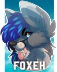  black_eyebrows black_nose blue_eyes blue_hair canid cheek_tuft dipstick_ears eyebrows facial_tuft fangs female foxeh_(babyfox) fur glistening glistening_eyes glistening_hair grey_body grey_ears grey_fur hair looking_at_viewer mammal multicolored_ears neck_tuft open_mouth orange_sclera pink_tongue princelykaden solo tongue tongue_out tuft white_body white_ears white_fur 