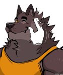  2022 anthro artist_name blush canid canine canis clothed clothing darknaigart disembodied_hand eyebrows fur hi_res male mammal motion_lines muscular muscular_anthro muscular_male one_eye_closed petting shirt simple_background smile solo tank_top teeth topwear tuft white_background wolf 