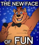  anthro bearnard_(wolf_love) bodypaint bow_tie clothing cute_expression face_paint five_nights_at_freddy&#039;s five_nights_at_freddy&#039;s_2 happy hat headgear headwear hi_res male mammal microphone muscular muscular_male neck_tuft poster riley_morningstar scottgames signature simple_background slightly_chubby smile smiling_at_viewer solo top_hat toy_freddy_(fnaf) tuft ursid ursine video_games watermark 