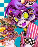  1boy absurdres burger character_request cheese child commentary food hair_between_eyes highres holding holding_food indie_virtual_youtuber jewelry lettuce looking_at_viewer male_child male_focus meat purple_hair ring setoya0102 sticker symbol-only_commentary tray yellow_eyes youtube 