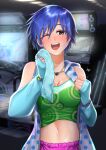  absurdres arcade arcade_cabinet blue_hair blush collar dance_dance_revolution highres igarashimw midriff one_eye_closed open_mouth short_hair smile toshiba_emi towel yellow_eyes 