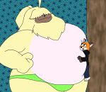 angoramon anthro bandai_namco belly canid canine clothing digimon digimon_(species) duo fox fur hair hair_over_eyes lagomorph leporid long_ears male male/male mammal overweight ponytail_ears rabbit size_difference speedo swimwear wolfox90210 yellow_body yellow_fur 