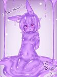  1girl animal_ear_fluff animal_ears blush breasts colored_sclera colored_skin commission completely_nude curss dot_nose kneeling monster_girl navel nude open_mouth original purple_hair purple_sclera purple_skin rabbit_ears red_eyes seiza signature sitting skeb_commission slime_girl small_breasts solo tears wide-eyed 