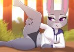  2022 anthro breasts clitoris clothed clothing clothing_aside detailed_background digital_media_(artwork) disney female fur genitals hi_res holding_leg holding_leg_up hoodie judy_hopps kobradraws lagomorph leporid looking_aside lying mammal navel on_side open_mouth outside panties panties_aside plant purple_eyes pussy rabbit raised_leg solo tongue topwear tree underwear underwear_aside zootopia 